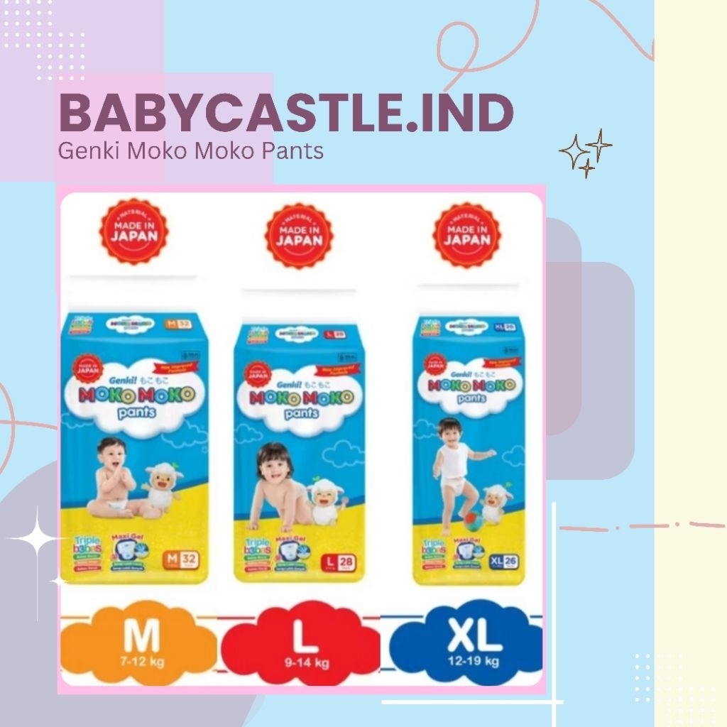 [BABYCASTLE] Popok Celana Bayi Genki Moko Moko Pants Baby Diapers M32 / L28 / XL26