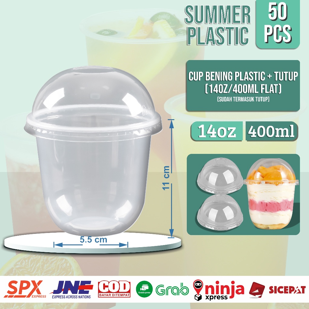 (SUMMER PLASTIC)[50PCS] GELAS BENING PLASTIC OVAL + TUTUP CEMBUNG 14oz 400ML | DESSERT CUP | DESSERT