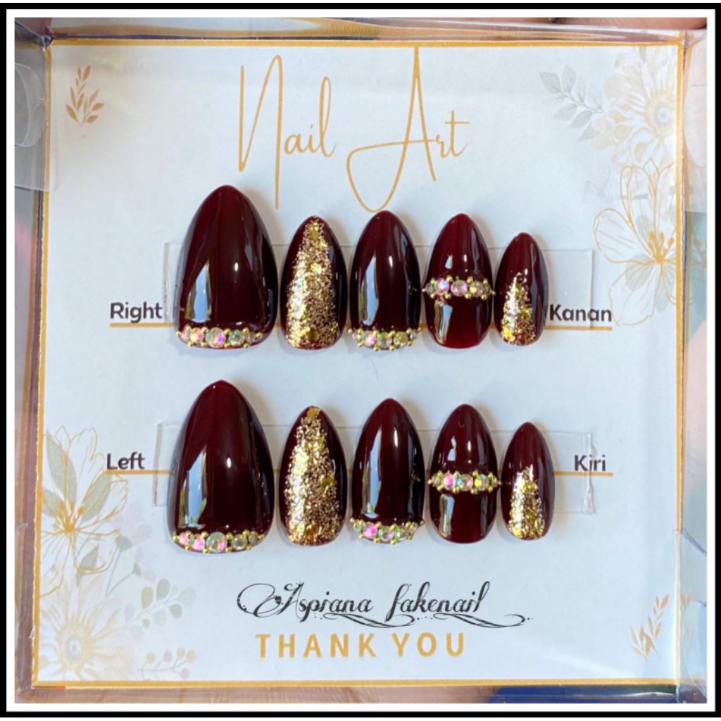 Kuku Palsu / Fake Nail Dark Maroon Glitter Gold