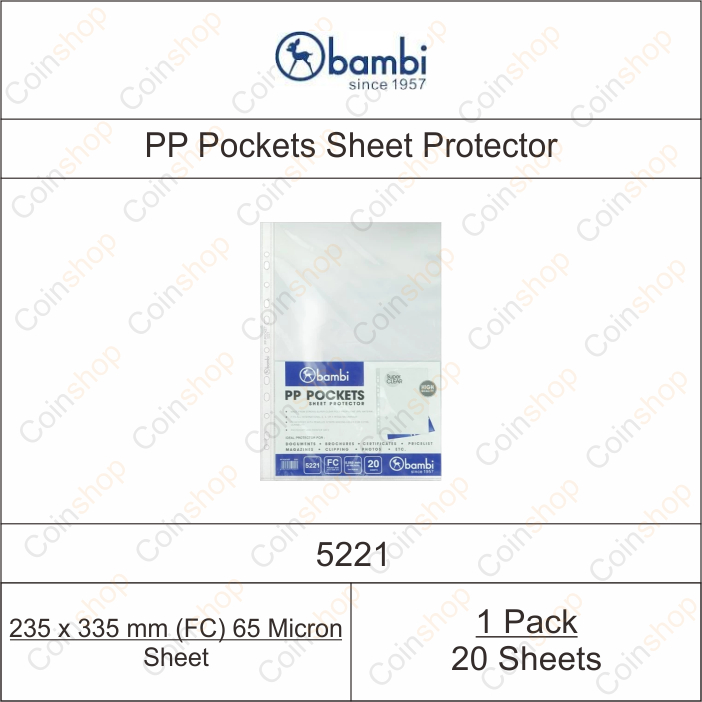 

1 Pack Bambi 5221 Plastik PP Pocket Sheet Protector Folio F4 Isi 20 Pcs