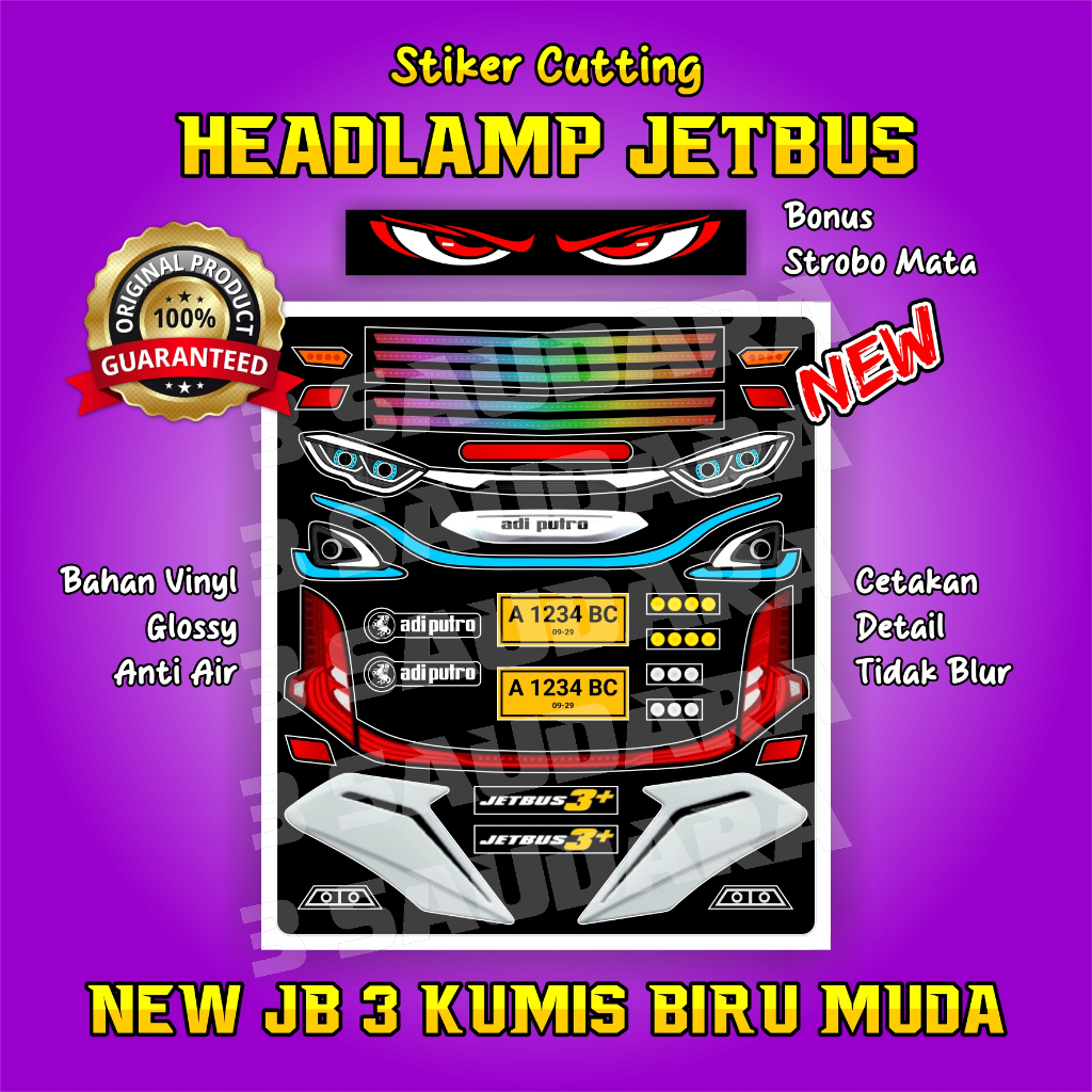 Stiker Cutting Headlamp Miniatur JetBus 3 Kumis Warna