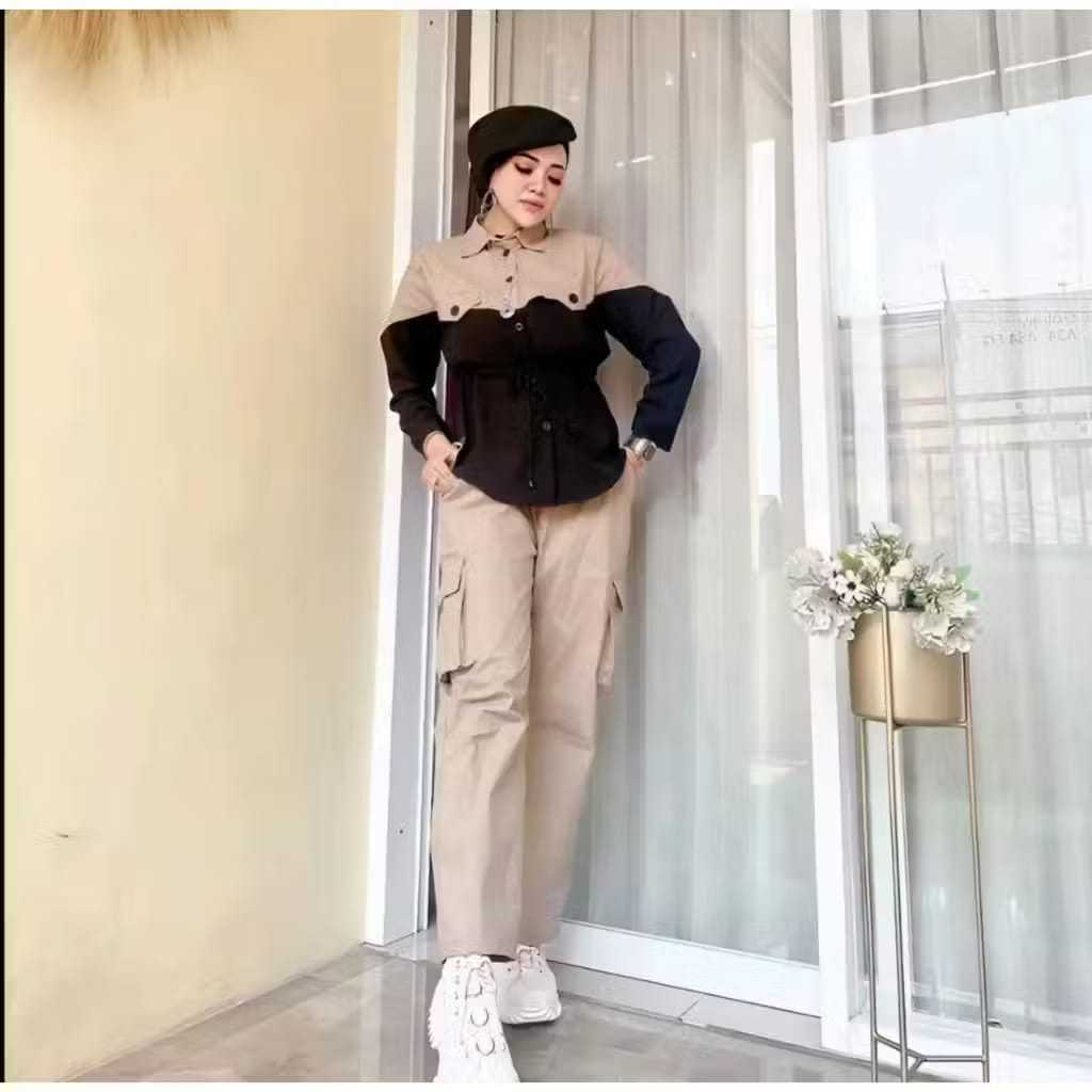 baju setelan cargo wanita kekinian / one set cargo wanita serut kombinasi