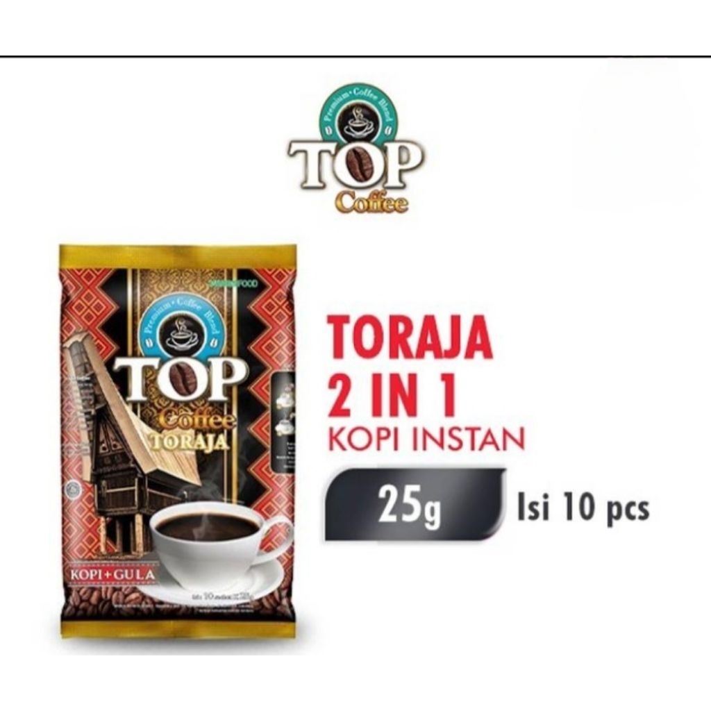 

TOP Coffee Toraja Kopi + Gula 2 IN 1 Pack 10X25gr Kopi Top Toraja isi 10 Sachet @25g Top Kopi Toraja Top Coffee Kopi Instan Toraja isi 10 Sachet @25g