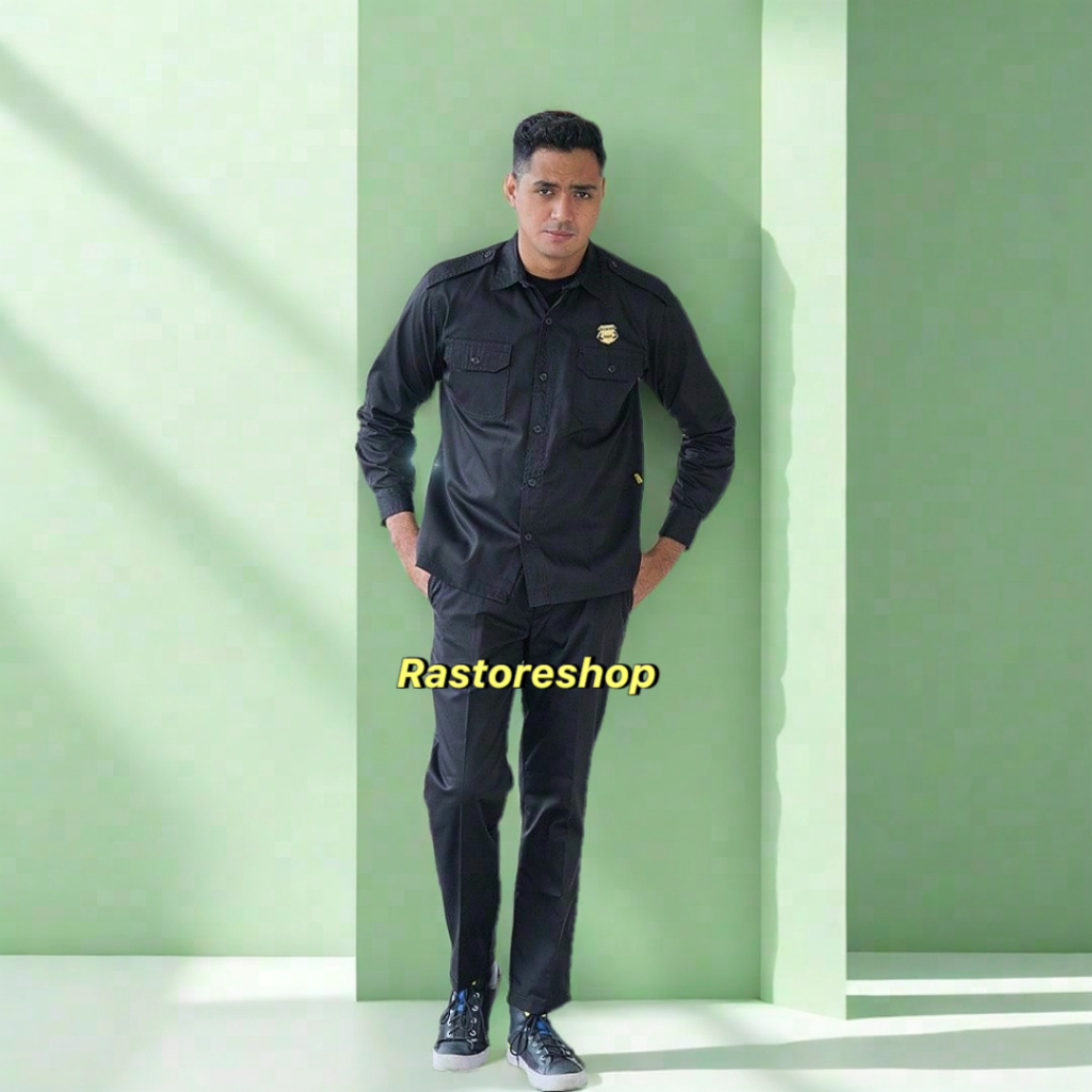 1 STELL SERAGAM SAFARI HITAM SATPAM SECURITY/SAFARI PANJANG HITAM/SAFARI PENDEK HITAM/SAFARI LENGAN 