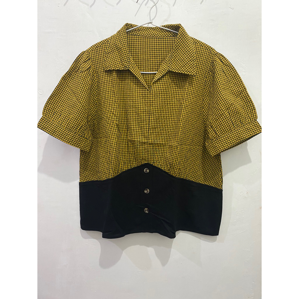 KEMEJA KATUN WANITA KOTAK KOTAK - KUNING