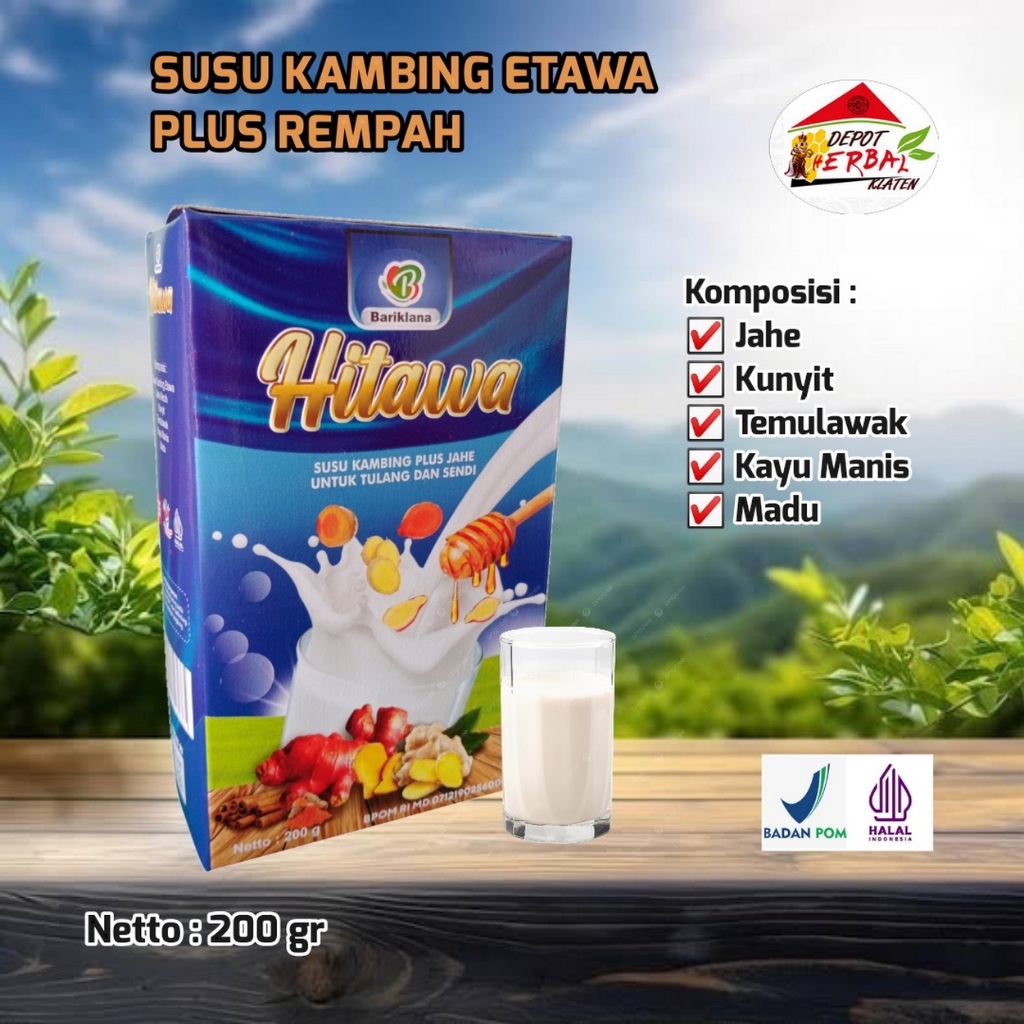

Hitawa Susu Kambing Etawa plus Rempah 200gr-Jahe-Temulawak-Kunyit-Kayu Manis-Madu-Obat Herbal Alami