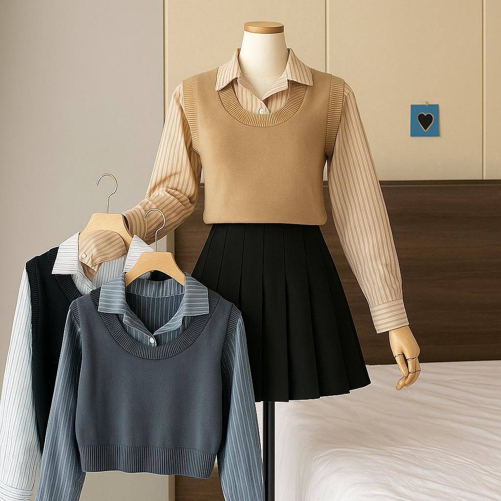 [Hallyu] Vest Rajut Atasan Wanita Lengan Pendek Collar Knit Premium | Baju Wanita Vest Berkerah Crop