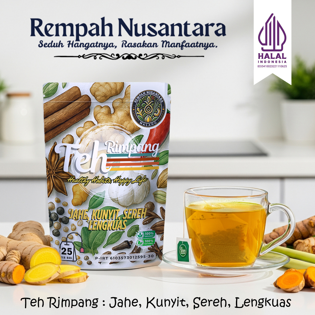 

Rempah Nusantara Minuman Herbal Jahe Sereh Kunyit Lengkuas Instant Tea Bag