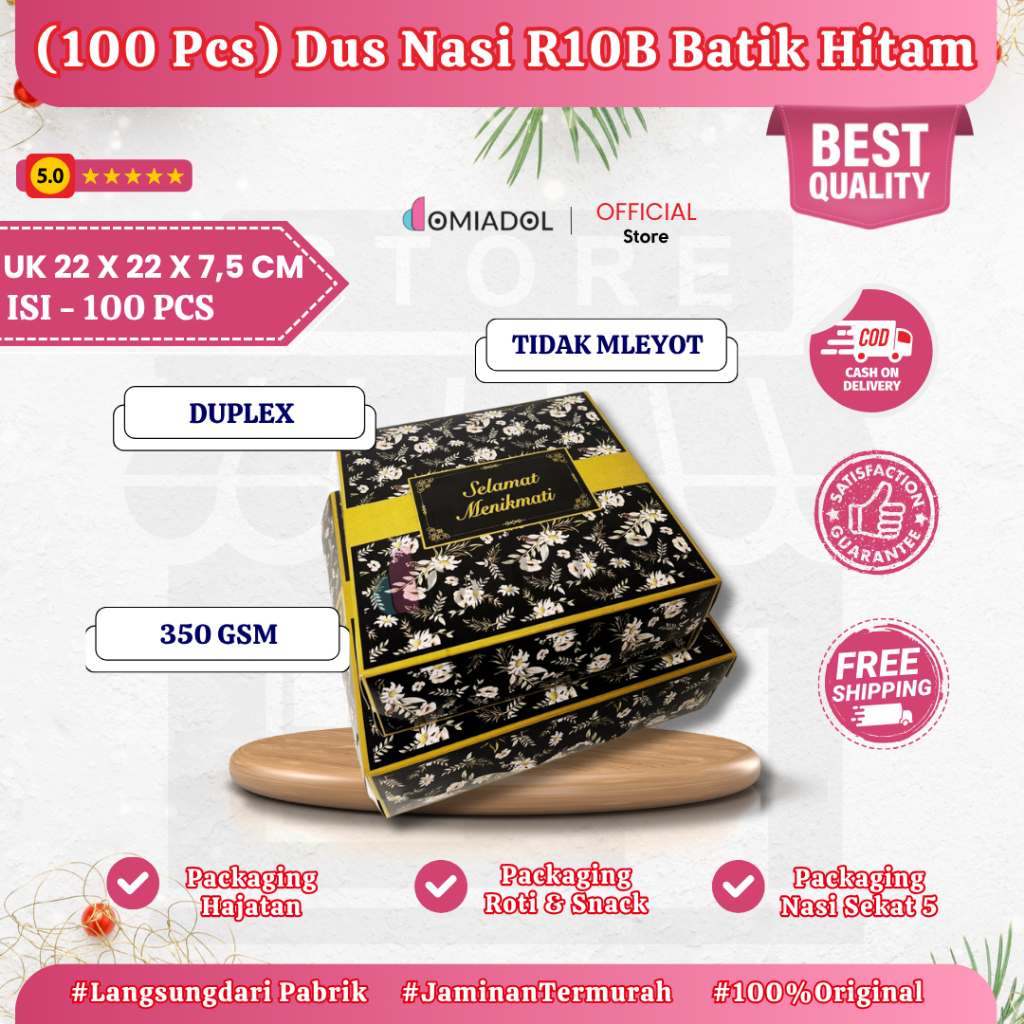 Box Dus Nasi Kotak R10B Motif Batik Hitam Premium - Ukuran 22x22x7,5 cm - Isi 100 Pcs