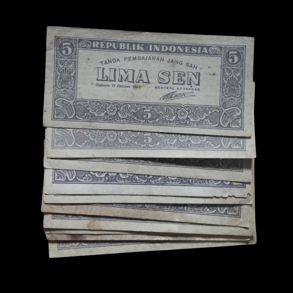 Uang Kuno 5 Sen Tahun 1945 / Uang Kertas 5 Sen 0RI 1