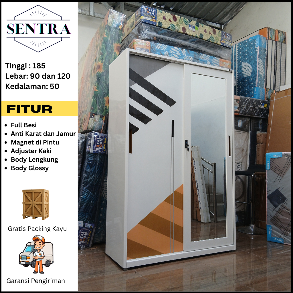 KARSINDO. Lemari Pakaian 2 Pintu Besi Sliding Cermin | Lemari Baju Sleding Besi