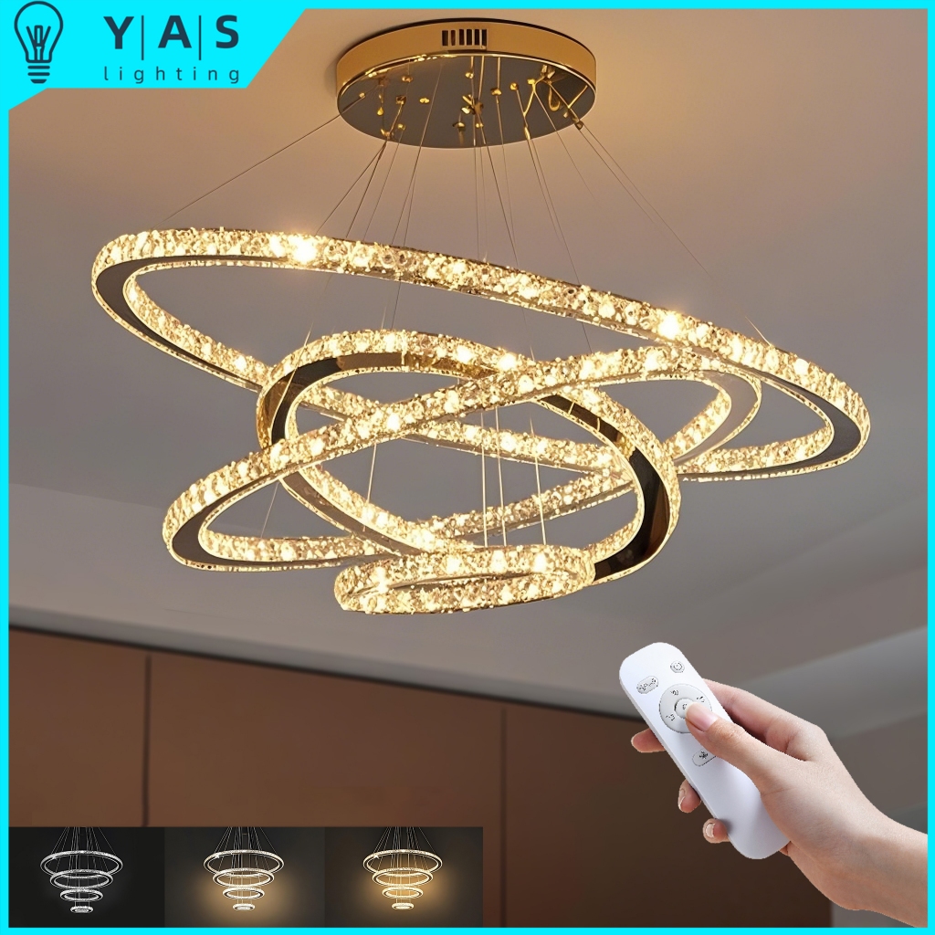 Lampu Gantung Ruang Tamu Mewah Lampu Kristal LED 3 Warna Lampu Hias Gantung Lampu Plafon Kristal