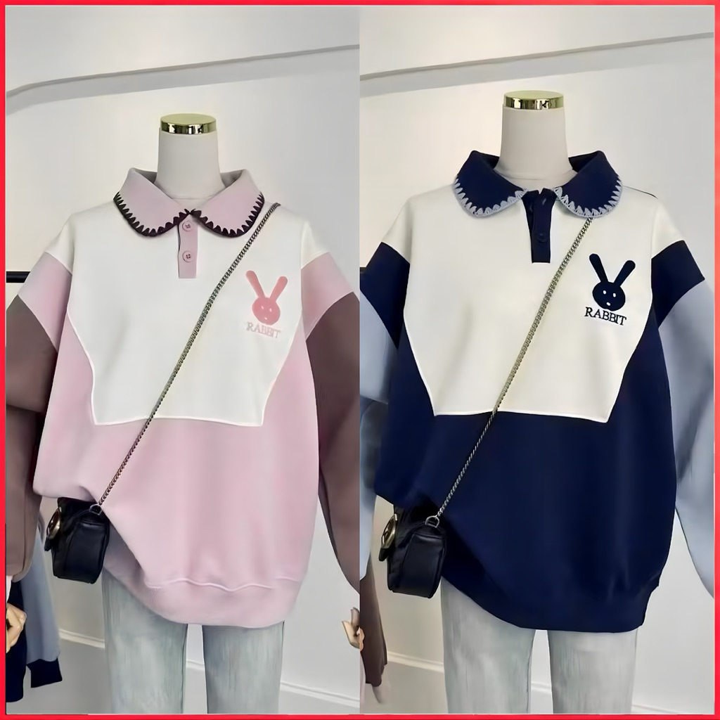 Pariroo Sweater Kerah Rabbit Collar Combi Warna Korea Lengan Panjang Wanita | Baju Hangat Oversize L