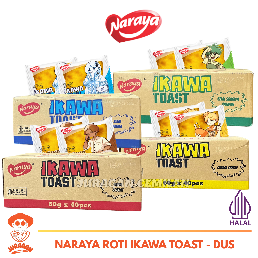 

Naraya Ikawa Toast - Roti Panggang Viral Rasa Coklat, Cheese, Srikaya Pandan & Vanila Halal Dus Isi 40bks