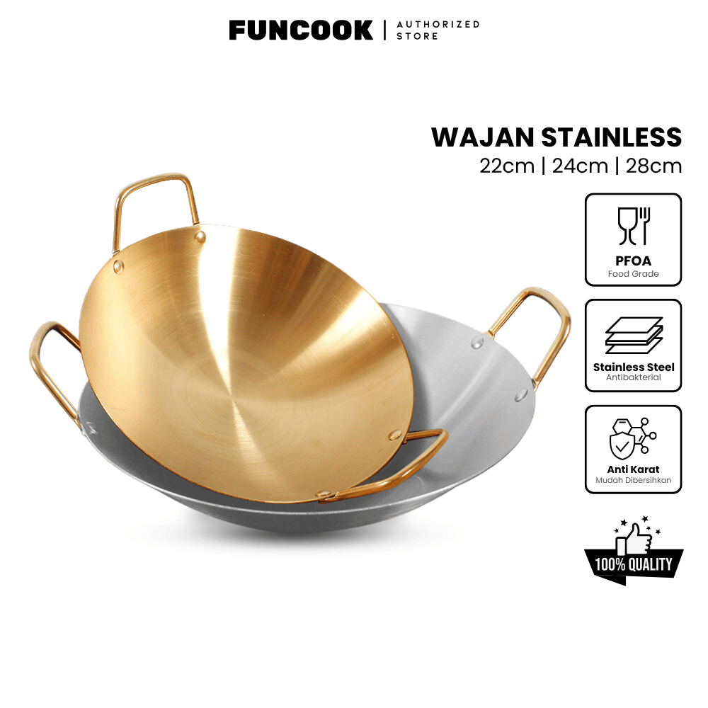 Funcook Authorized Wajan Stainless Anti Lengket / Wajan Penggorengan / Kuali Penggorengan / Kuali Mi