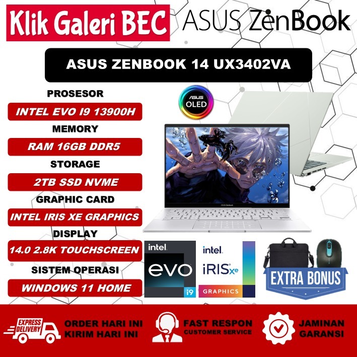 Laptop Editing Asus Zenbook 14 UX3402VA Oled Intel EVO I9 13900H OLED Touchscreen Foggy Silver