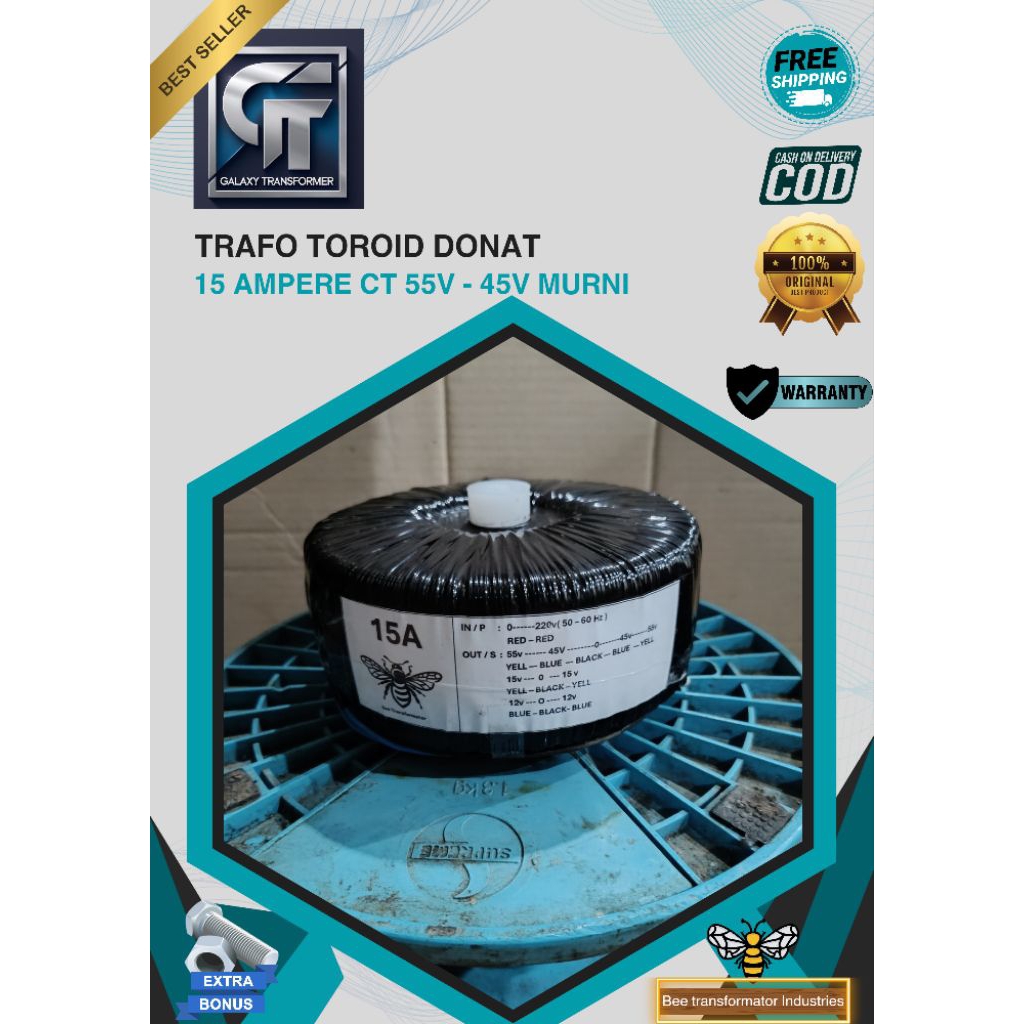 trafo toroid donat 15A CT 55V - 45V murni
