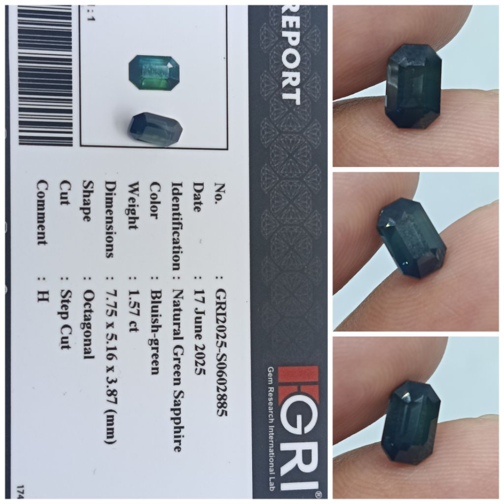 Natural Green Sapphire 1,57ct memo GRI Heat Only safir Tanzania/SriLanka