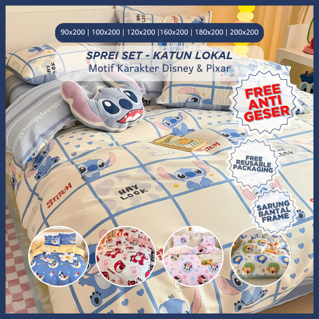 Sprei Set Anak Katun Lokal Anti Geser Disney Mickey Mouse Lotso Winnie The Pooh Stitch Toy Story