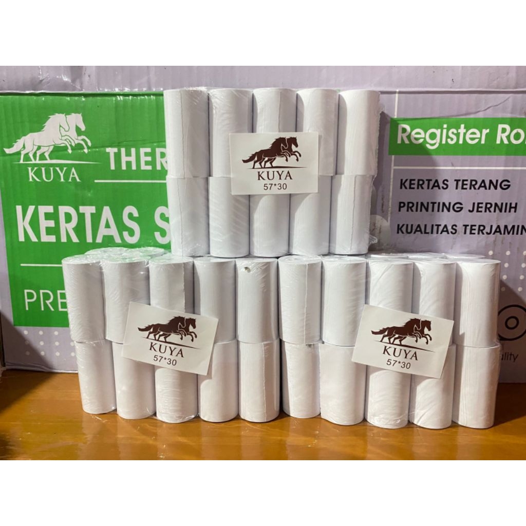 

Kertas Kasir Struk Paper Roll Termal 57x30mm, KERTAS KASIR KUYA 57x30,KERTAS STRUK THERMAL EDC 57x30