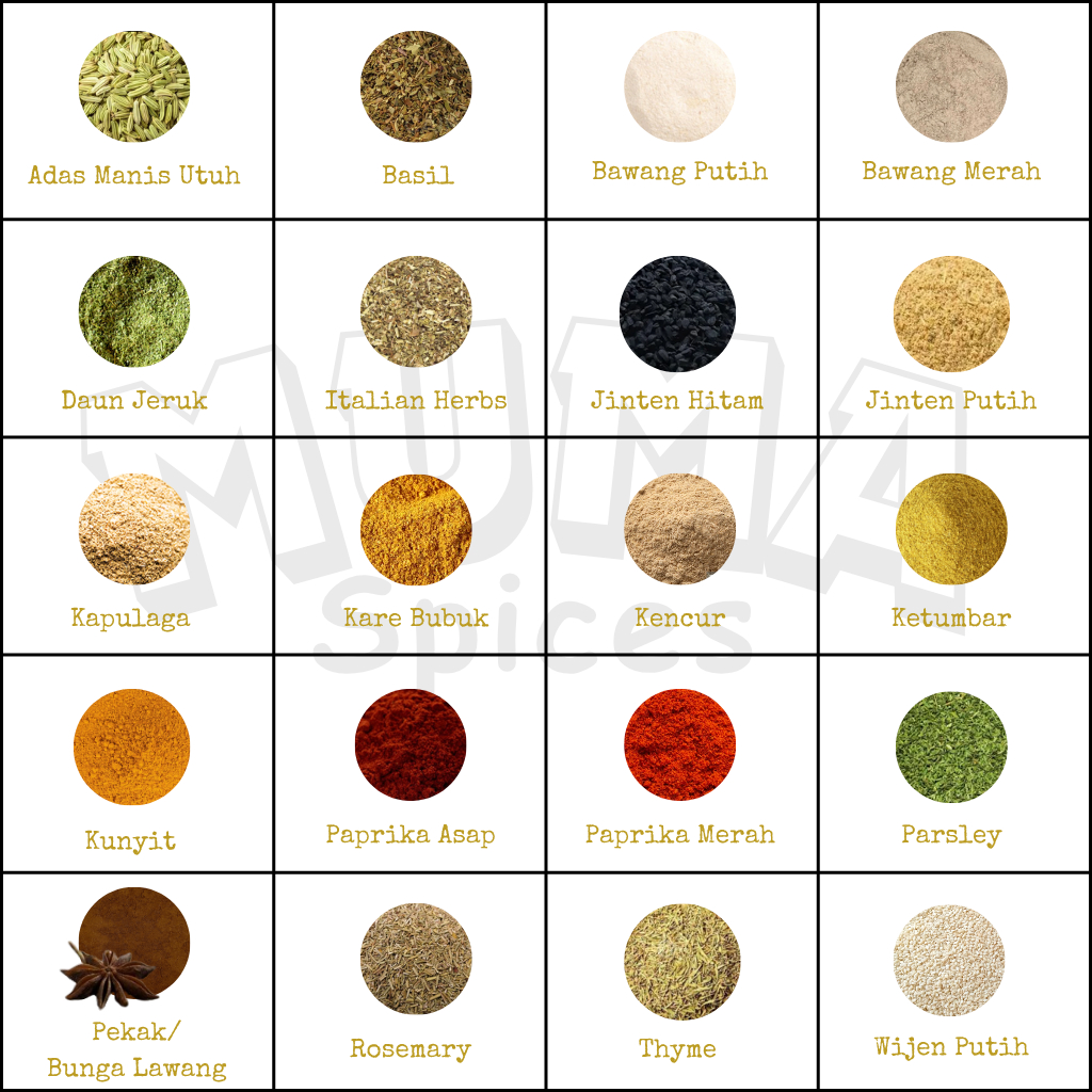 

Bumbu Rempah Bubuk Adas Basil Bawang Merah Bawang Putih Jinten Kapulaga Daun Jeruk Italian Herbs Kare Kencur Ketumbar Kunyit Paprika Asap Paprika Merah Parsley Pekak Bunga Lawang Rosemary Thyme Wijen