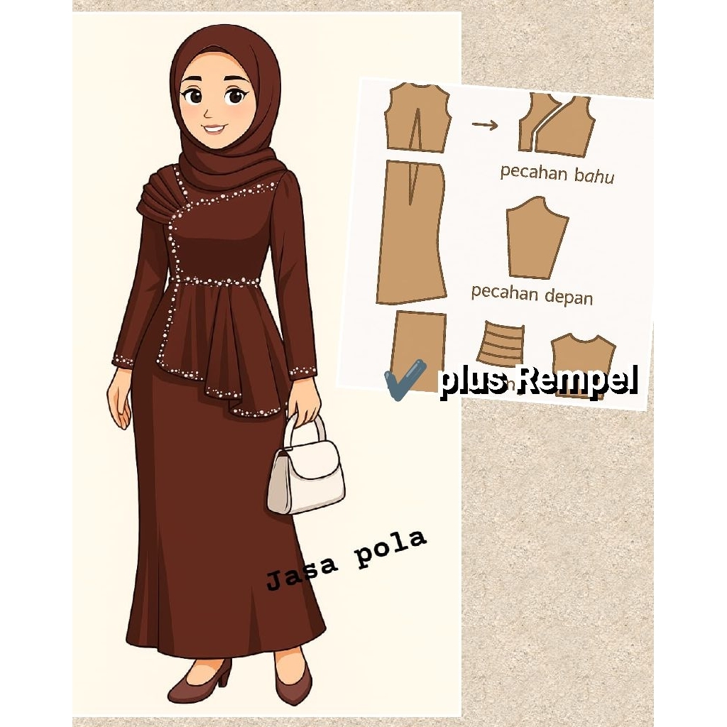 pola instan gamis semi duyung Rempel bahu dan pinggang