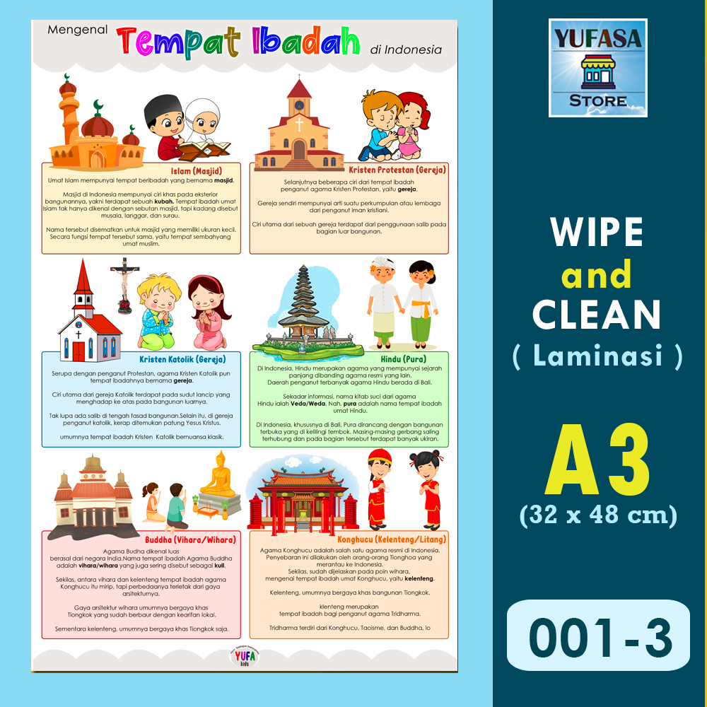 002 Poster Mengenak tempat ibadah di indonesia - Poster Edukasi Anak - Poster belajar anak - Poster 