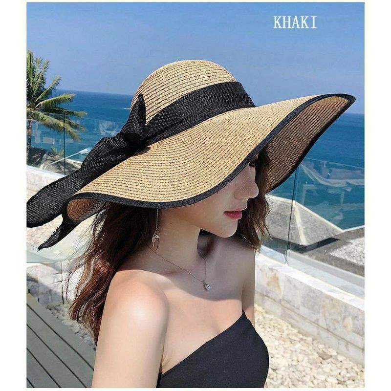 Topi Pantai Lebar Rajut Pita Sun Hat ada tali leher, topi pantai import bisa COD