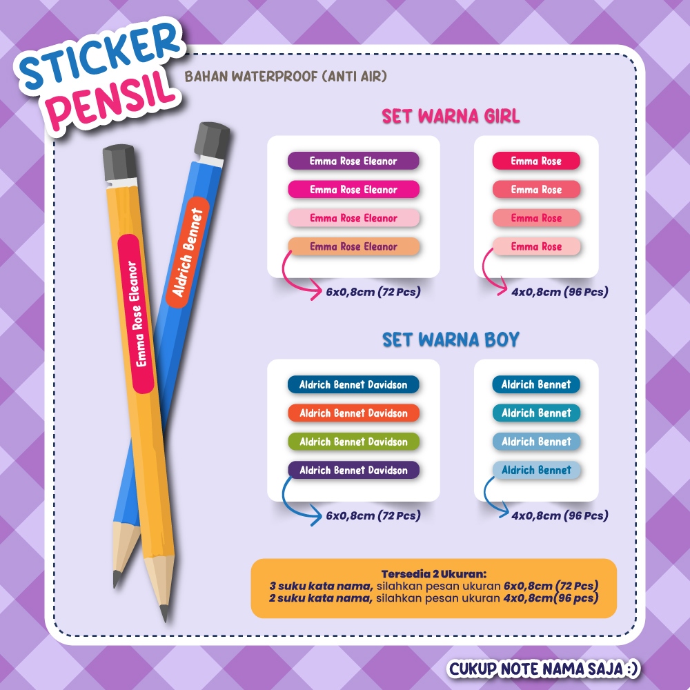 

[96 pcs] Sticker Pensil Nama Anak Warna Polos Bahan Waterproof Anti Air