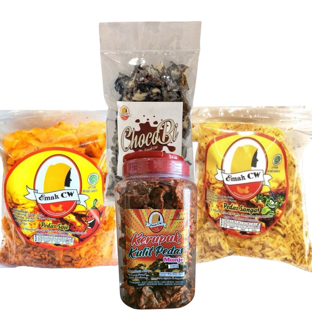 

Emak Cw - 4Pcs Keripik Paket Nage 84 ( Pedas Saje,Kulit Ikan Patin Pedas Manje Toples, ChocoBi, Pedas Sangat )