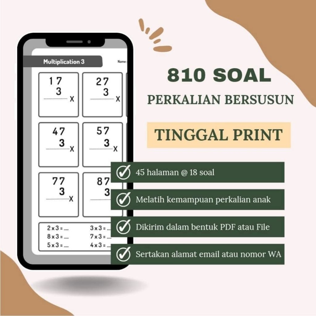 Print Out worksheet Soal Perkalian Dasar Matematika SD 45 halaman
