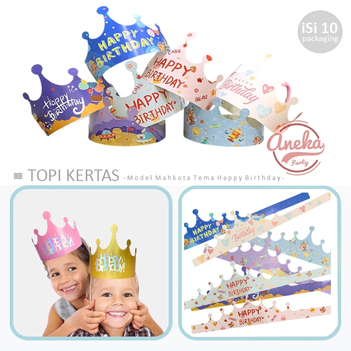 isi 10 Topi HBD Kertas Mahkota / Topi Ulang Tahun Mahkota Kertas / Topi Ultah Mahkota Motif HBD