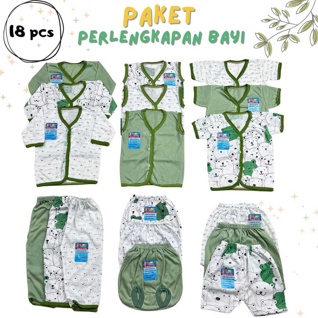 Paket baju bayi 18 pcs hijau sage hemat pakaian bayi newborn netral