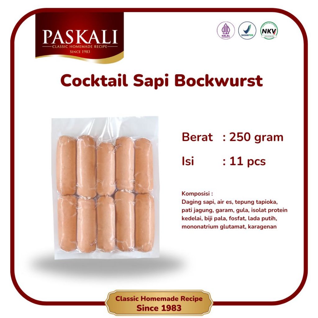

Cocktail Sapi Bockwurst Paskali 250 Gram Isi 11 Pcs