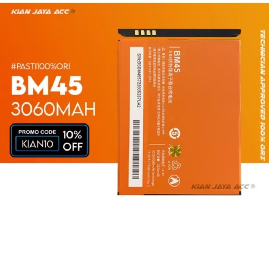 Baterai Original 100% Xiaomi Redmi Note 2 / Redmi Note 2 Prime BM45 BM 45 ORI Battery Batu Batre Bat