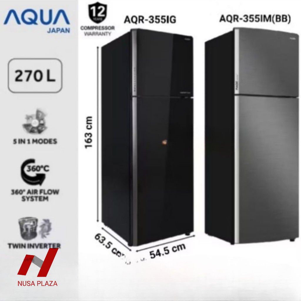 KULKAS AQUA 2 PINTU JUMBO TWIN INVERTER AQR-355IM(BB) / AQR-355IG