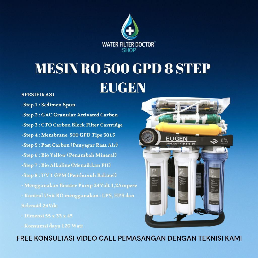 REVERSE OSMOSIS 500 GPD 8 STEP / MESIN RO 500 GPD EUGEN 8 STEP / MESIN R0 500 GPD UK