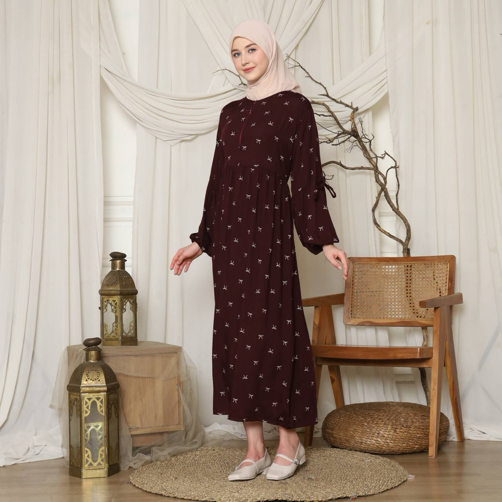 Velisa Maroon Ribbon Dress - Gamis Premium Motif Pita Elegan Muslimah Modern