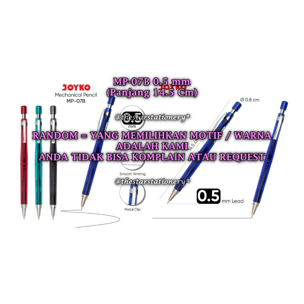 

(1 Biji) GROSIR Pensil Mekanik JOYKO MP-07B 0.5 mm RANDOM / Mechanical Pencil Joyko MP-07B (1 Biji)
