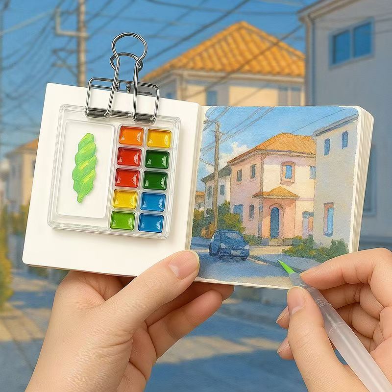 

Mini watercolor paint set, portable sketchbook, color palette, small drawing board, student's portable account, travel box