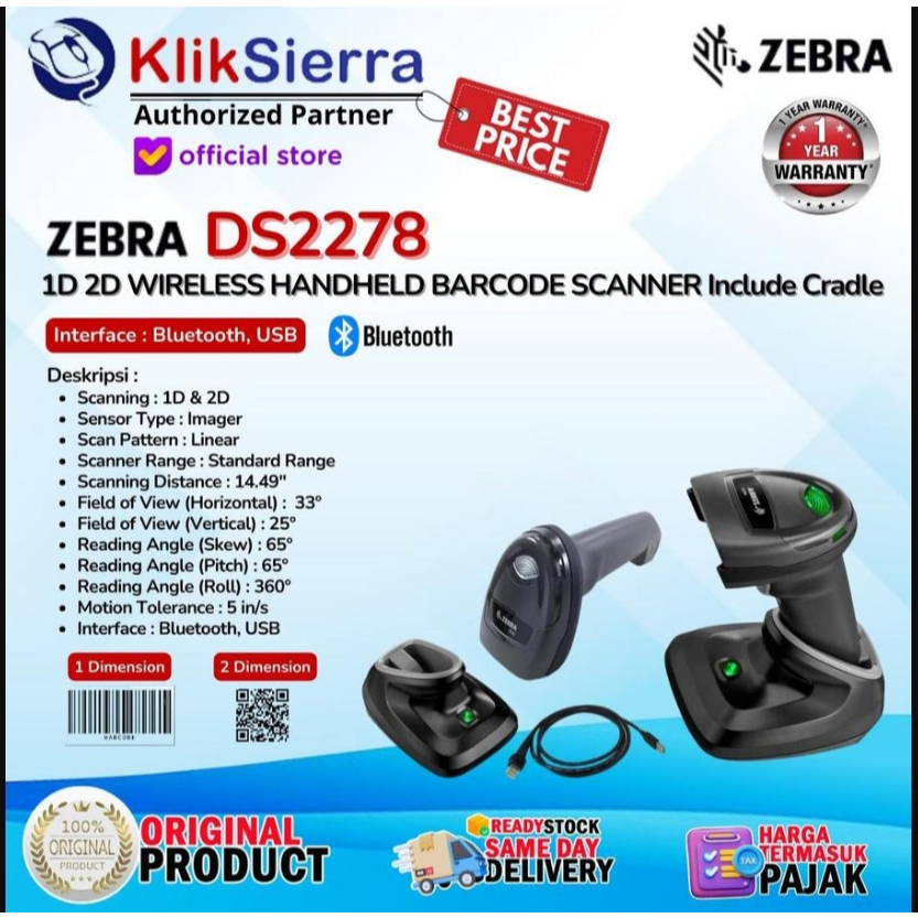Scanner Barcode ZEBRA DS2278  DS2208 1D 2D Wireless Bluetooth Barcode Scanner Include Cradle Docking