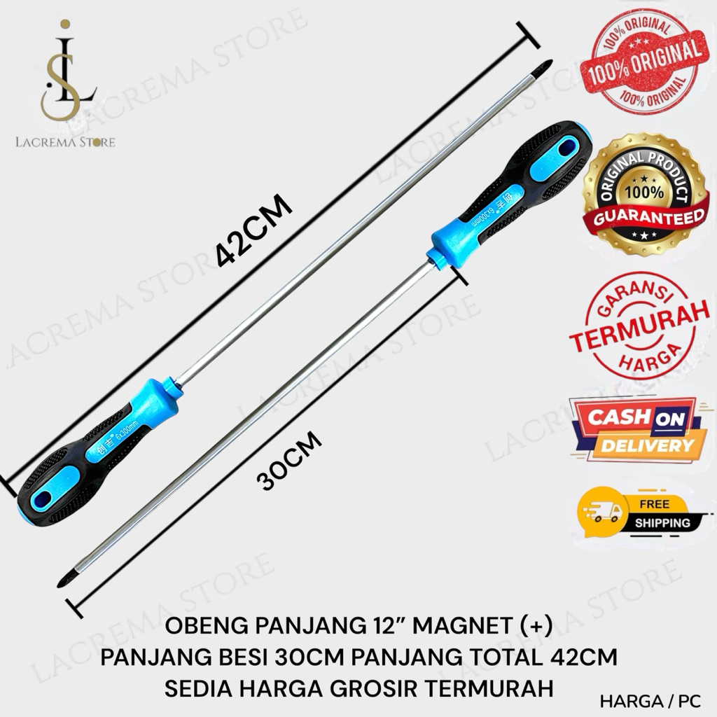OBENG PANJANG MAGNET PLUS + GAGANG KARET 12 INCH BIRU