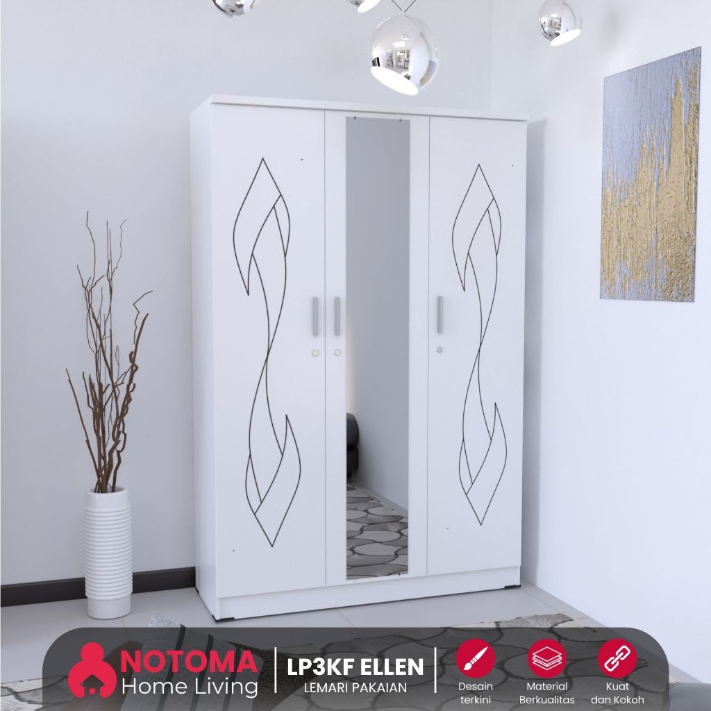 NOTOMA - Lemari Pakaian 3 Pintu Kaca Full Series Ellen Lemari Gantung Baju Storage Penyimpanan Baju 