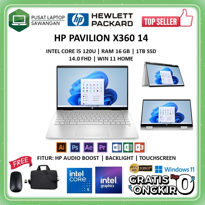 Laptop HP Pavilion x360 2 in 1 Intel Core 5 Intel Graphics RAM 16GB RAM 1TB SSD Layar 14" FHD Touchs