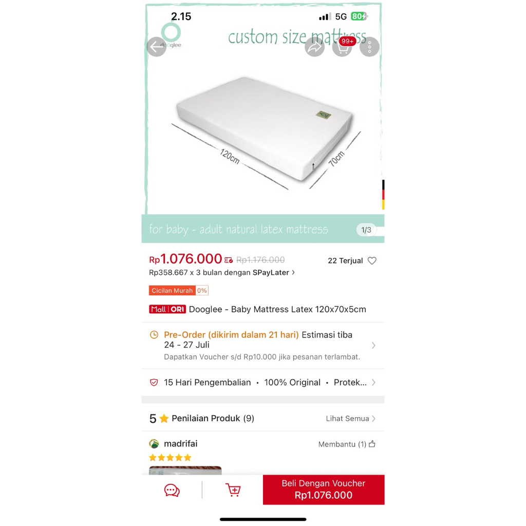 Dooglee - Mattress Latex Little Equi 120x68x5cm / matras bayi new bonus seprai little equi crib box 