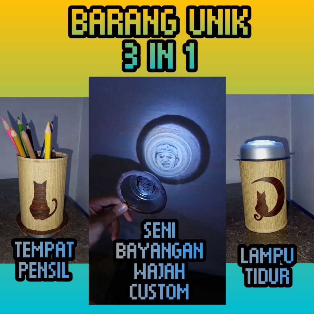 

Barang Unik 3 in 1 Tempat Pensil - Seni Bayangan Wajah Custom - Penerangan Lampu Tidur - Lampu Darurat HANDMADE DAUR ULANG