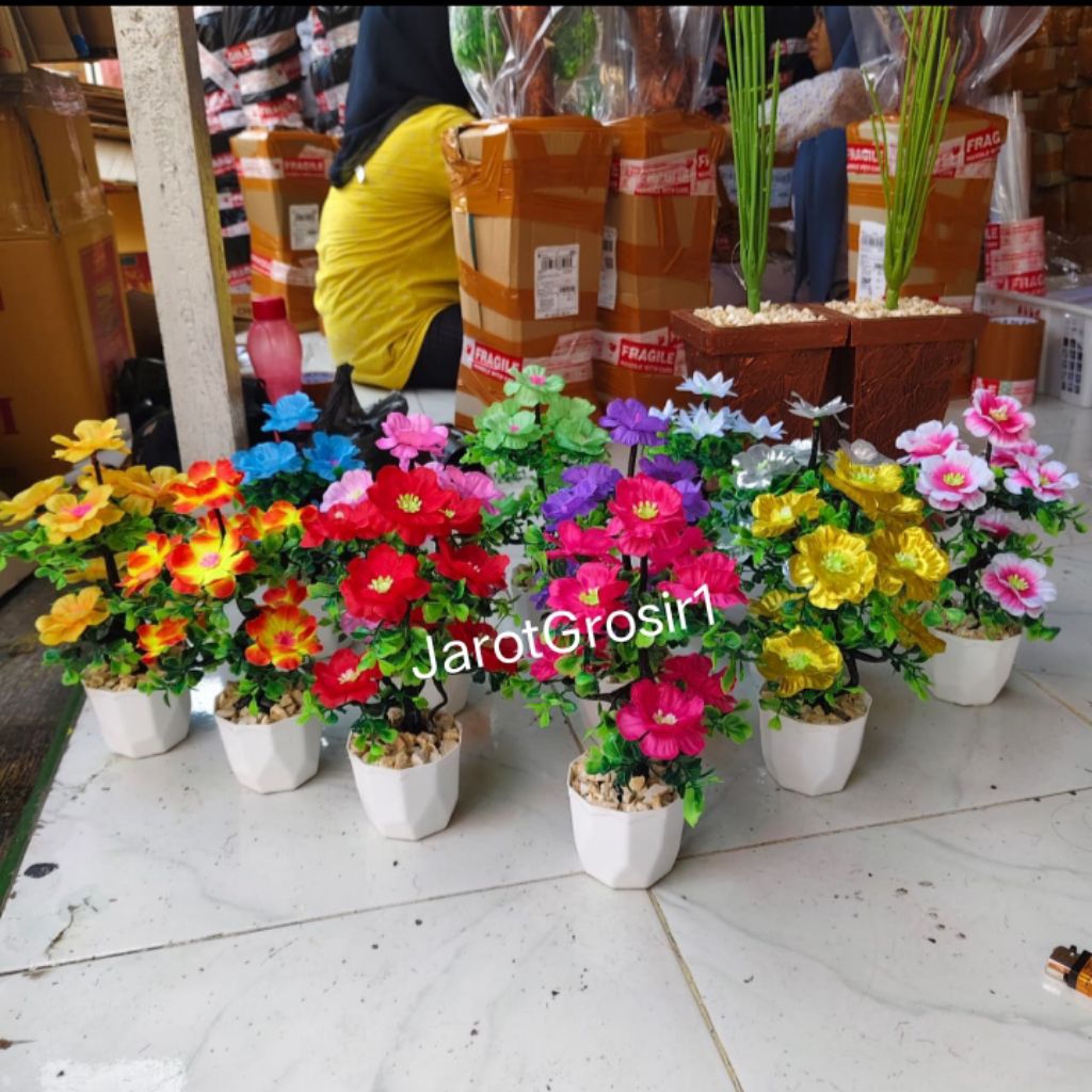 BUNGA HIAS PLASTIK + POT DAN BATU // BUNGA HIAS SAKURA // BUNGA HIAS RUANGAN // BUNGA HIAS MEJA // B