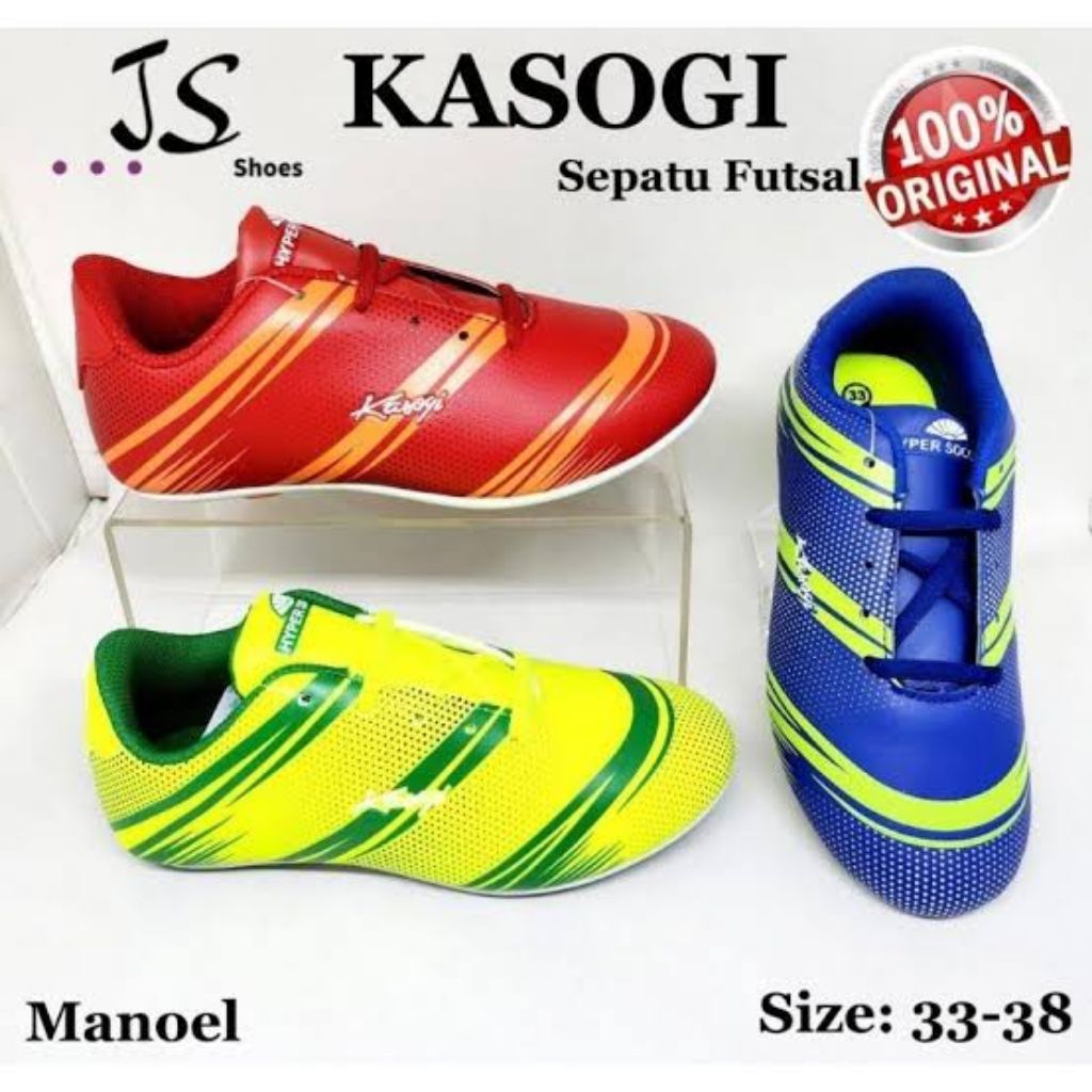 MAHKOTA NGUNUT // SEPATU FUTSAL KASOGI MANUEL MERAH KUNING BIRU SIZE33-38