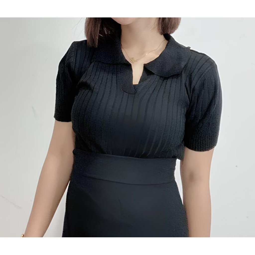 Atasan kerah polo rajut/V neck croptop blouse/polos tshirt atasan wanita/baju wanita