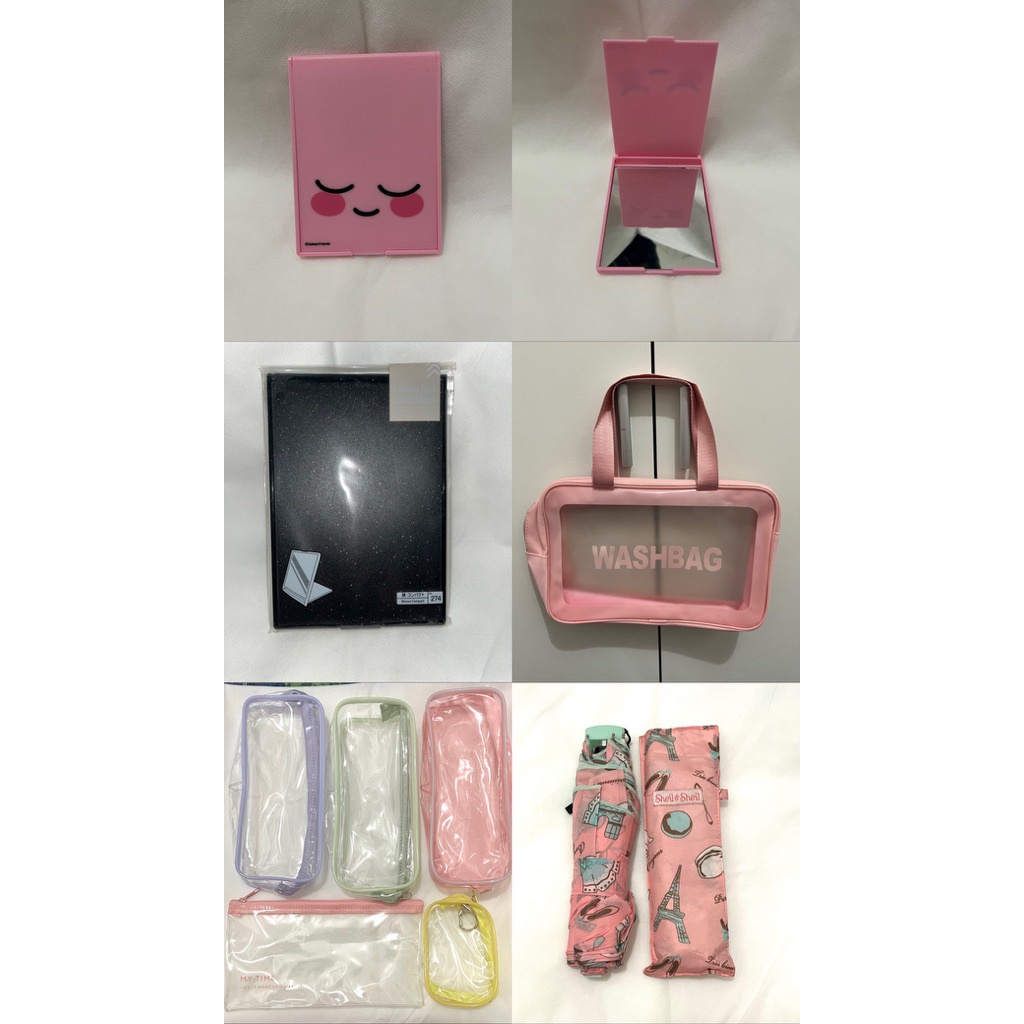 

Jual cermin lipat, tas washbag pink, pencil case tempat pensil daiso jepang, payung lipat
